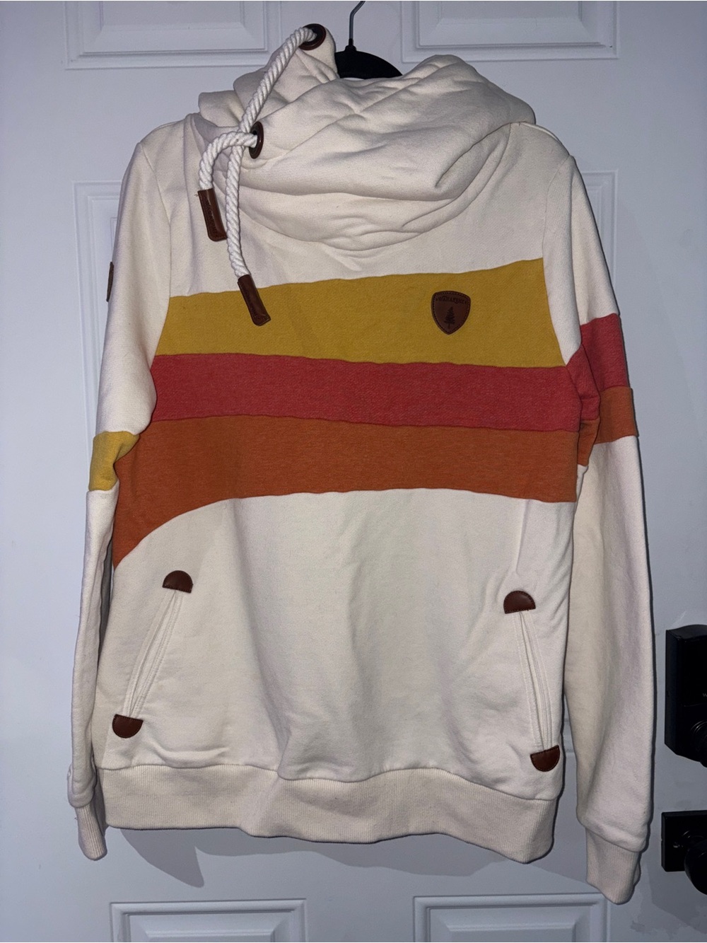 Wanakome Cream Hoodie with Mustard, Rust & Brick Stripes